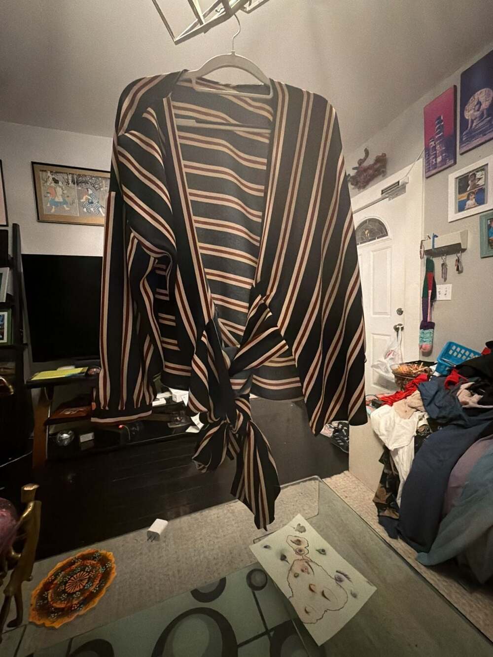 Striped Long Sleeve V-Neck Tie Front Wrap Blouse
